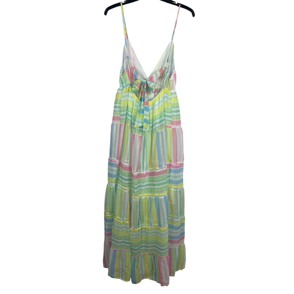 NWT Pastel Stripe Maxi Dress Cottage Coquette Beachy Tiered Tie Back Sundress S - Picture 2 of 15
